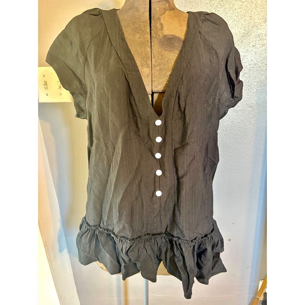 Misslook Black Textured Peplum Blouse V-Neck Button Front Ruffle Hem Top 2XL